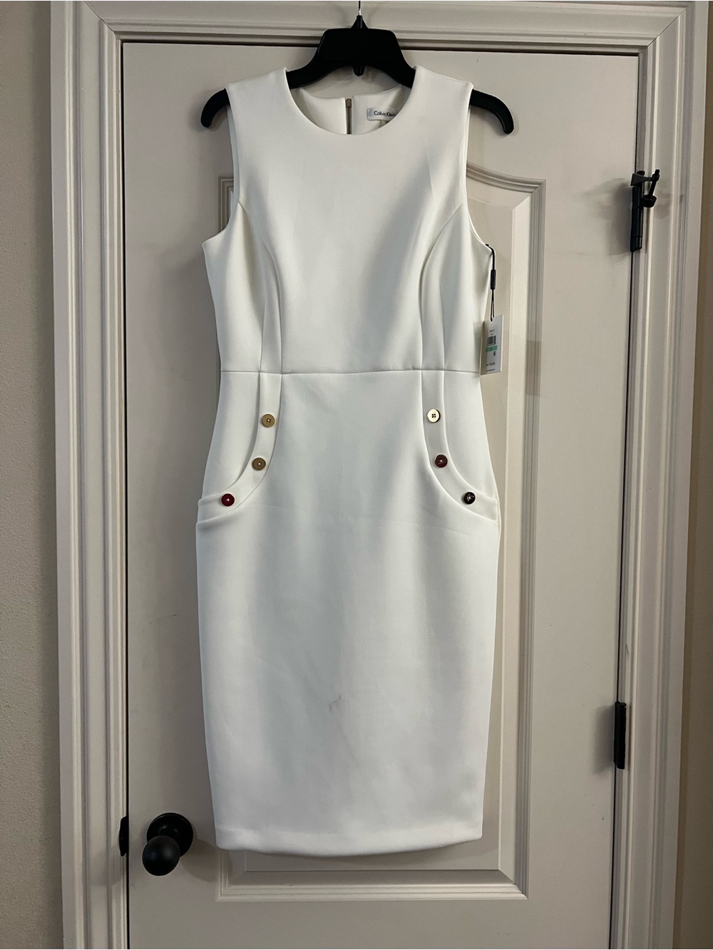 Calvin Klein White Sleeveless Sheath Dress with Decorative Buttons